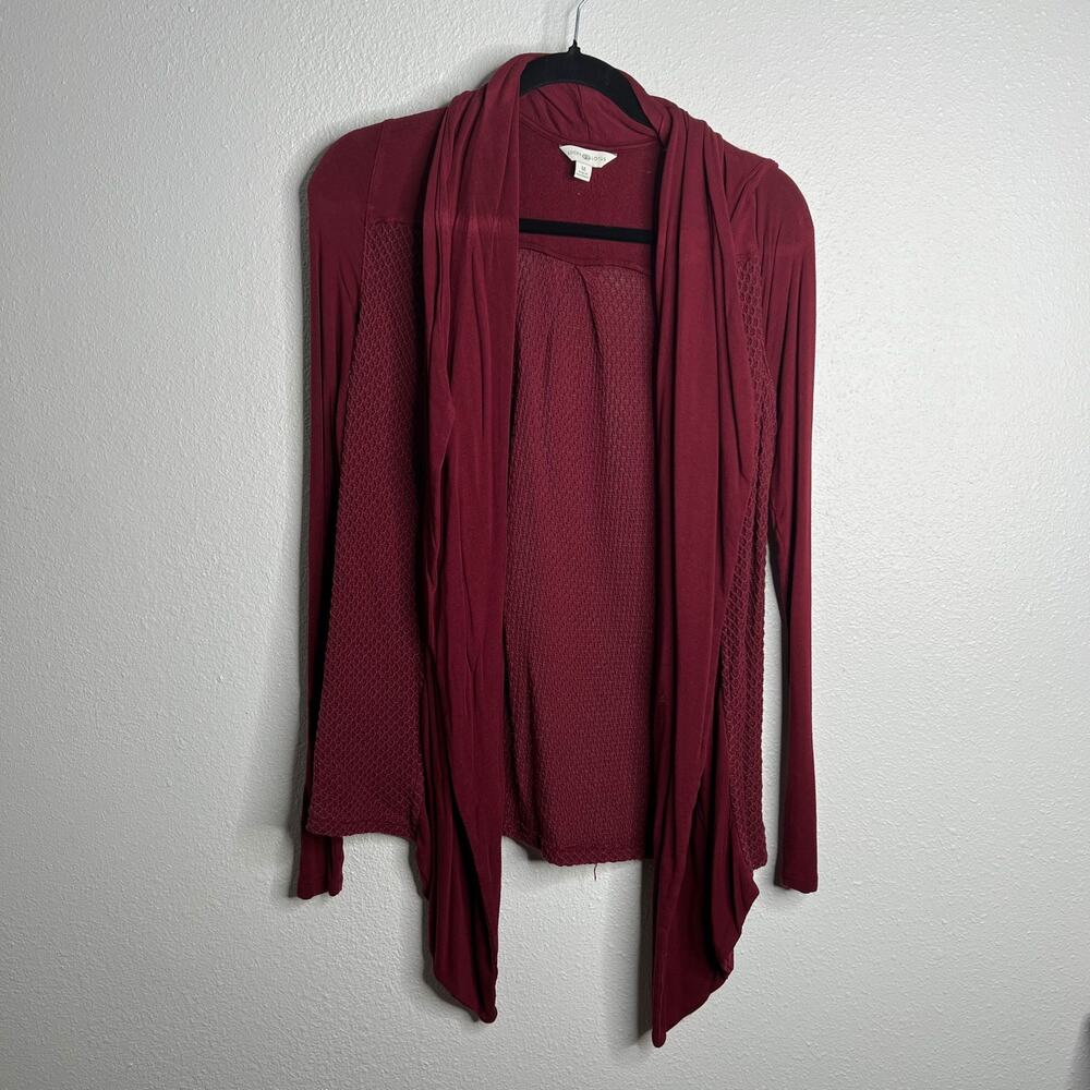 Lucky Lotus Shawl Collar Cardigan Burdundy Open Front Mesh Long Sleeve Sz M